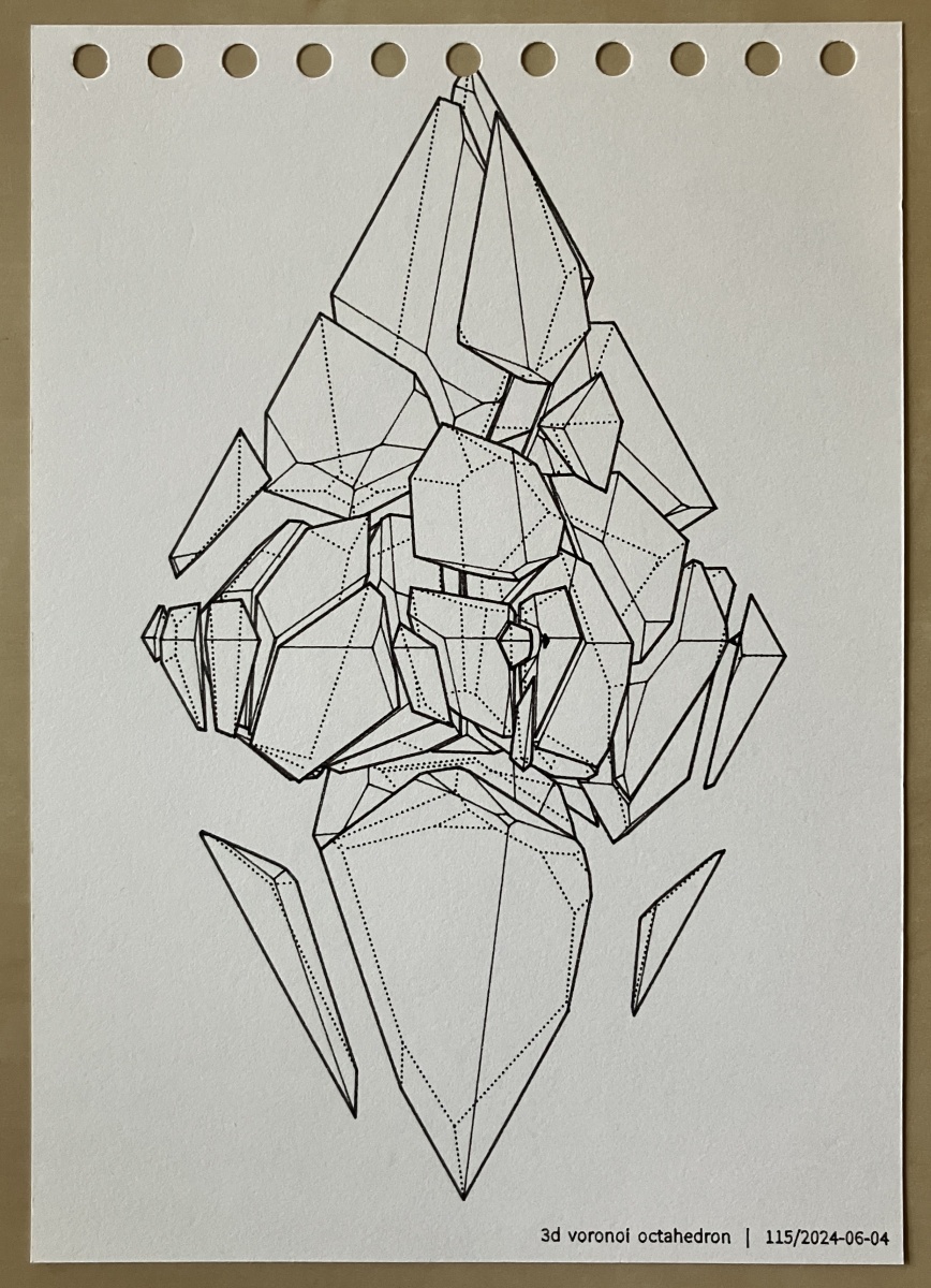 Line drawing of an exploded octahedron. The outlines are thicker, and edges that are hidden are rendered as a dotted line.