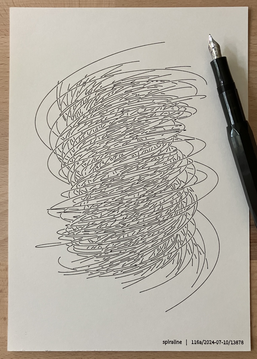 A drawing of many curves swirling towards to top. The black fountain pen that was used to draw it with a pen plotter is on the right.